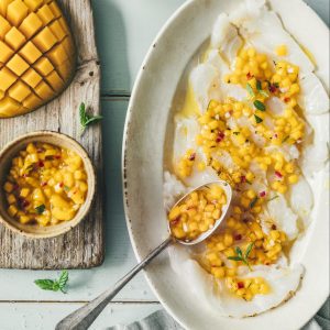 Ceviche de cabillaud, salsa de mangue